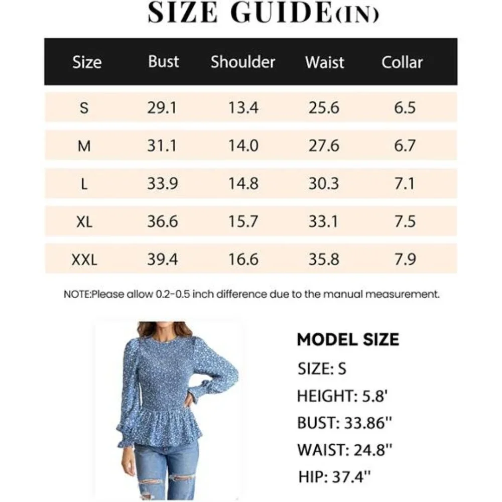 Women's Long Sleeve Crewneck Floral Print Smocked Ruffle Hem Blouse Shirt Tunics_6